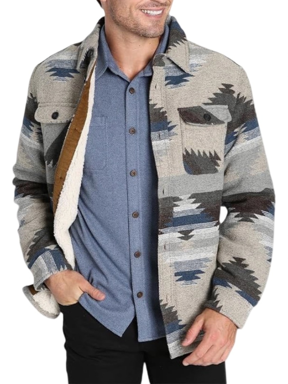 Jachs Men Wool Blend Southwest Aztec Sherpa-Lined Heavyweight Jacket Shacket XL